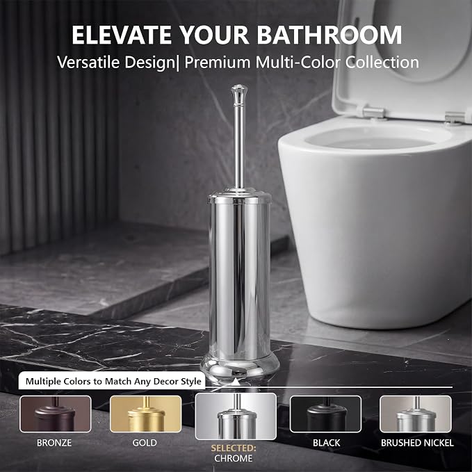 Toilet Brush and Holder Set,304 Stainless Steel Heavy Duty Toilet Brush,Extra Long Handle Toilet Bowl Brush and Holder for Bathroom,Durable,Deep Cleaning,Extra Dense Bristles (Chrome)