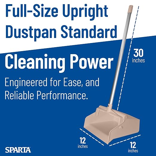 SPARTA Color Coded Upright Dustpan with 30 Inch Aluminum Handle, Serrated Edge and Locking Yoke, Standing Commercial Floor Dust Pan, Tan