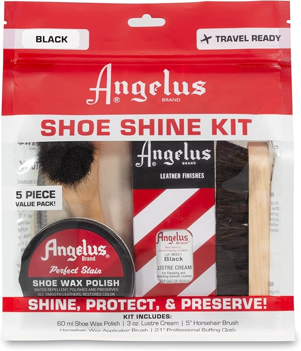 Angelus Shoe Shine Kit, Black- Boot and Shoe Polish Wax, Shoe Cream 3oz, Horsehair Brush, Dauber, and Cloth | 5 Piece Set, Gift Idea for Father's Day, Dad, Husband