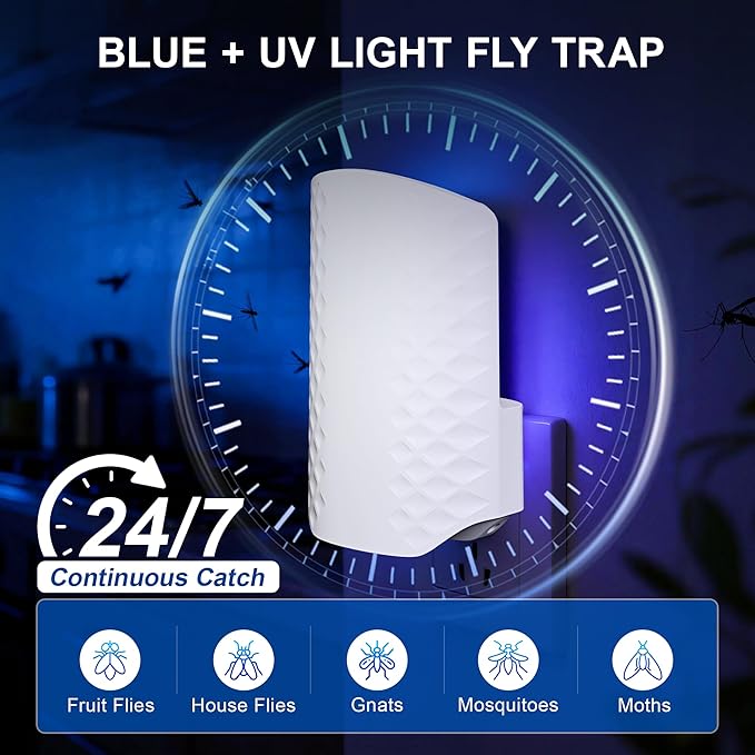 Flying Insect Trap for Indoors, Plug-in Fly Trap Bug Catcher for Gnats, Fruit Flies & House Flies, Upgraded Blue UV Light Trap with Sticky Cards, Silent & Mess-Free, 2 Devices + 10 Refills