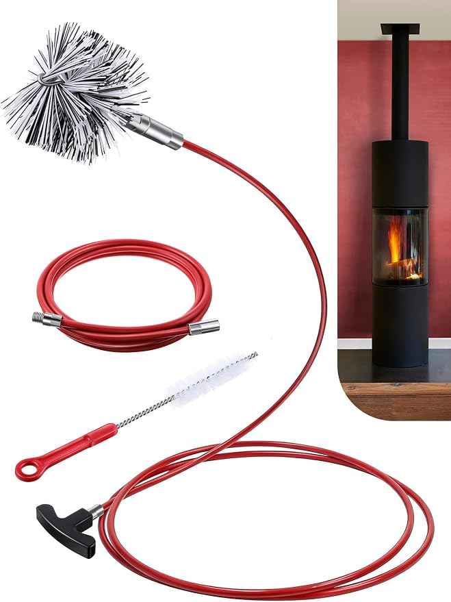 Feekoon Pellet Stove Cleaning Kit, 20 FT Flexible Steel Rod with 3" Brush Head, Flue Detail Cleaner, Pellet Stove Accessories for Vent Pipes Cleaning - Reduce Buildup & Improve Airflow