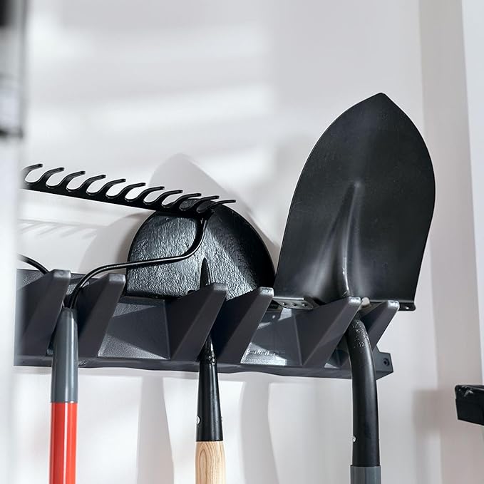 Suncast 4 Pack Long Handle Tool Organizer, Resin Wall Mount Storage Rack with Interlocking Hook System for Garage or Closet, 4.5” x 25” x 5.25”, Black