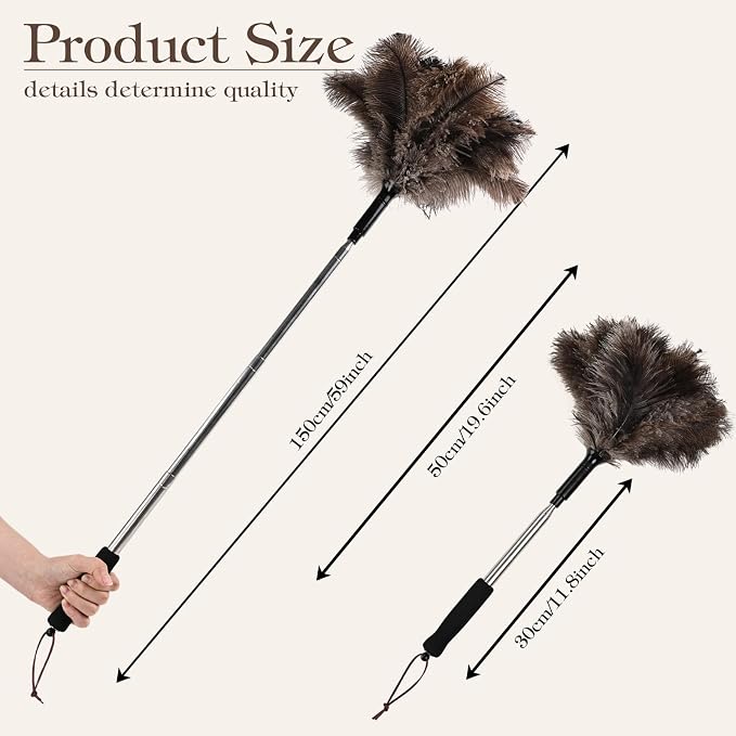 Telescopic Ostrich Feather Duster, 59-inch Naturally Fluffy Long-Handled Feather Duster, Soft, Durable and Reusable for Cleaning high Ceilings, Walls, Fans, Furniture and Blinds in The Home Office