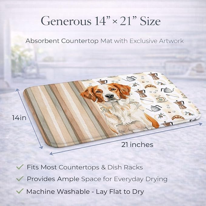 Caroline's Treasures Orange and White Brittany Coffee Bar Dish Drying Mat Absorbent Dish Drying Mat Pad for Kitchen Counter Dish Drainer Mat for Countertop, 14 x 21", Multicolor