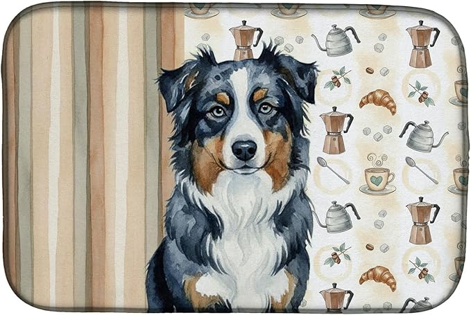 Caroline's Treasures Black Australian Shepherd Coffee Bar Dish Drying Mat Absorbent Dish Drying Mat Pad for Kitchen Counter Dish Drainer Mat for Countertop, 14 x 21", Multicolor