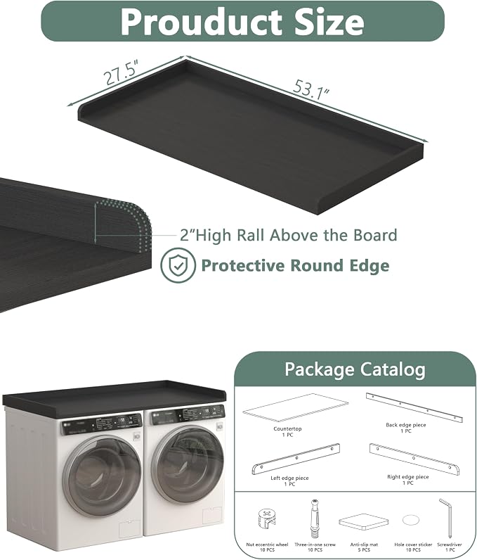 Piskyet Washer Dryer Countertop,Laundry Countertop with Edge Rails,27.5" Depth x 54" Wood Countertop for Washer and Dryer,Laundry Machine Topper for Laundry Room Organization and Storage (Black)