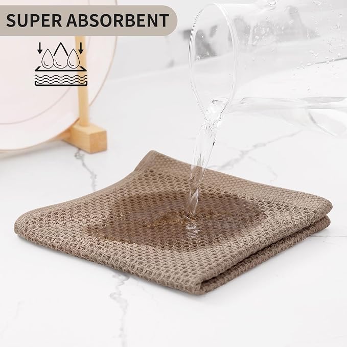 Kitinjoy 100% Cotton Kitchen Dish Cloths (12 X 12 Inches, Tan), 6 Pack Waffle Weave Ultra Soft Absorbent Dish Towels for Drying Dishes Quick Drying Kitchen Towels Dish Rags
