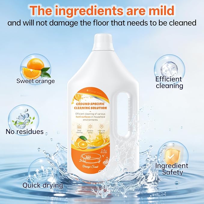 2.5 L Floor Cleaning Solution Orange Scent, Compatible with Roborock/Shark/Bissell/Swiffer/IRobot/Eufy Quick Drying Without Residue Suitable for All Robot Vacuums and Wet Dry Dual-Use Vacuum Cleaners