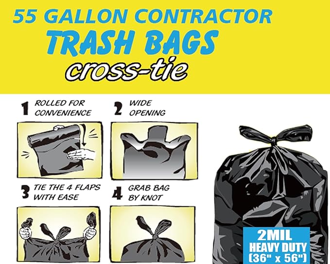 BEIDOU-PAC Contractor Heavy Duty Trash Bags 55 Gallon | 52 Count | 2 MIL | 36" X 56" | Large Black Flap Tie Construction Garbage Bags for Business Home Commercial, Industrial, Storage, Outdoor