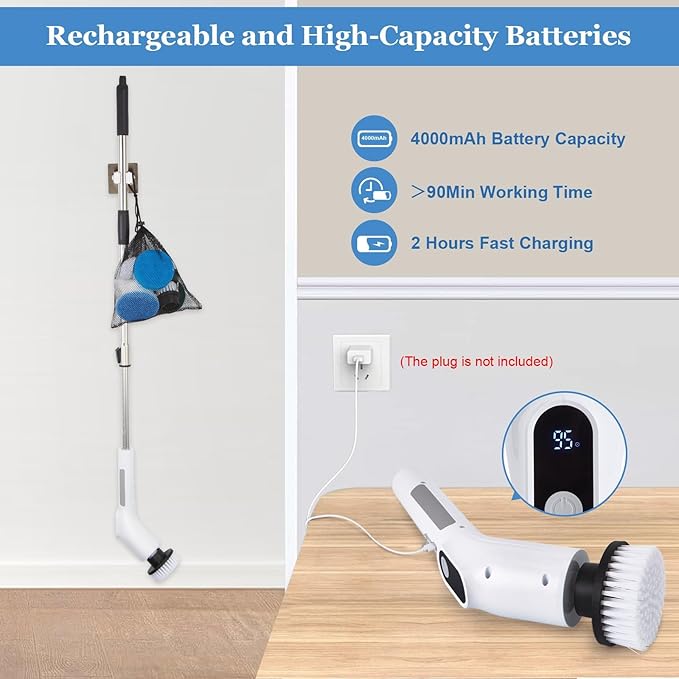 Cordless Electric Spin Scrubber, Powerful 2-Speed Shower & Bathroom Cleaner with LED Display, Adjustable Handle & 11 Brush Heads, Lightweight, Rechargeable & Perfect for Tough Grime