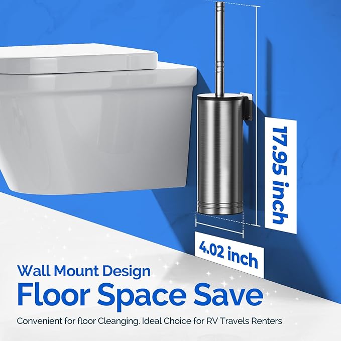 HAMITOR Toilet Brush and Holder Set: 304 Stainless Steel Rustproof Toilet Scrubber with Under Rim Deep Cleaning Curved Bristle - Bathroom Cleaner Brush for Renters Homeowners Family Silver 2 Pack