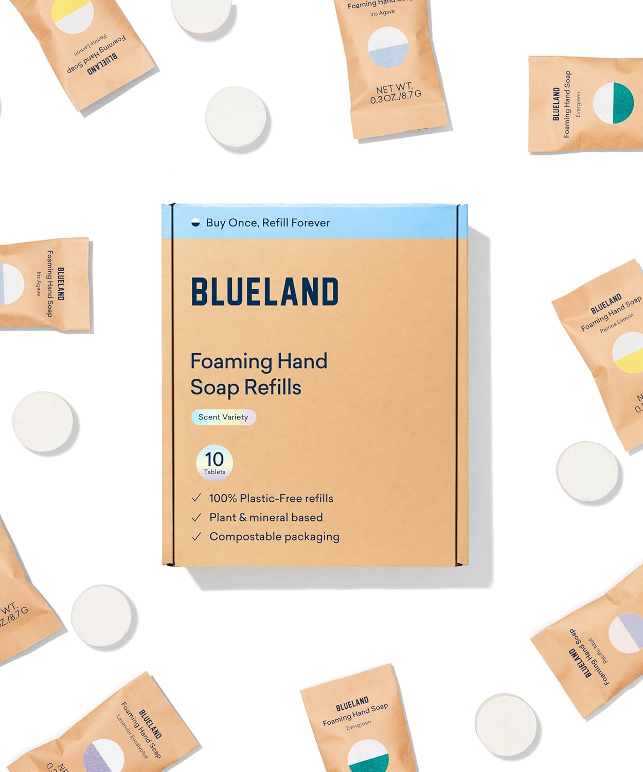 BLUELAND Foaming Hand Soap Refill Tablets, 10-Pack, Variety Pack Scents, Eco Friendly Cleaning Products, 10 x 9 Fl oz