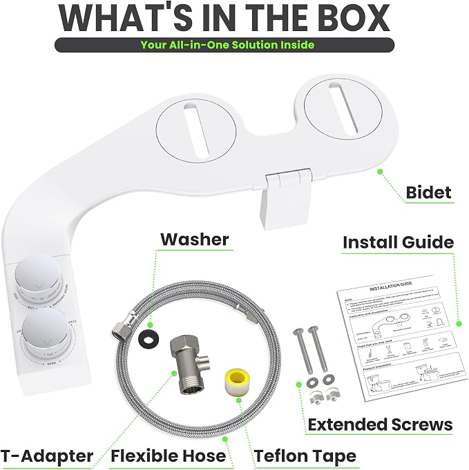 Toilet Bidet With Left/Right Side Reversible Design, Fresh Water, Non-Electric, Toilet Bidet Attachment, Right/Left Hand Side with Dual Nozzle, Self-Clean, Includes Extended Screws (Chrome)