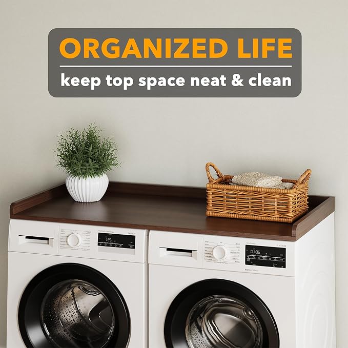 SpaceAid Washer Dryer Countertop, Laundry Wood Shelf Topper with Edge, 54" Width x 27.5" Depth Cover Guard Organizer for Washer and Dryer Laundry Hamper Counter Storage Organization (Brown Wood)