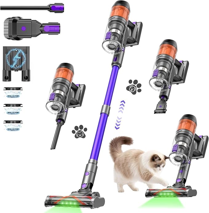 Cordless Vacuum Cleaner, 500W 40KPa 60Mins Vacuum Cleaners for Home, Powerful Stick Vacuum With Green Light, Anti-tangle Wireless Vacumm, Rechargeable Vacuum for Pet Hair/Carpet/Hardwood Floor, Purple