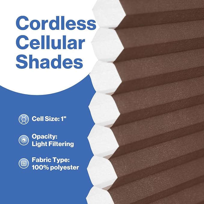 No Drill Cellular Shades, Brown Custom Size Cordless Light Filtering Pull Down Pleated Honeycomb Blind Thermal Insulated Easy Install for Indoor Window Bedroom Living Room Kitchen Door