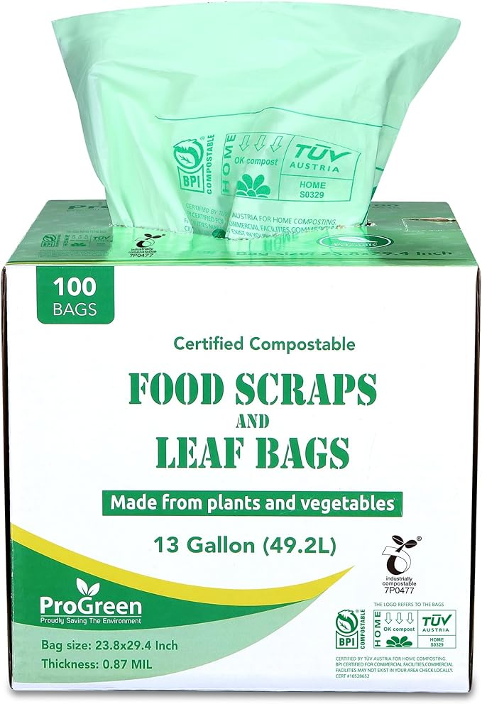 Compostable Trash Bags, Extra Thick, Compost Kitchen Bin Bags, Food Scraps Yard Waste Bags, ASTM D6400 BPI and TÜV AUSTRIA Certified (13 Gallon, Pack of 100)