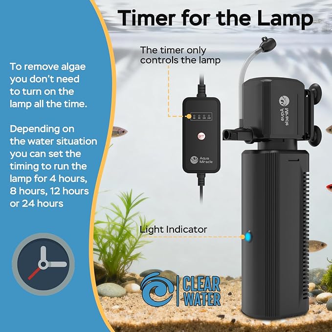 AquaMiracle Fish Tank Filter with Timer & Filter Sponge, 225GPH U - V Aquarium Filter with Aeration & Rainfall Modes, Effective Turtle Filter for Green Water Control (20-70 Gal Tank)