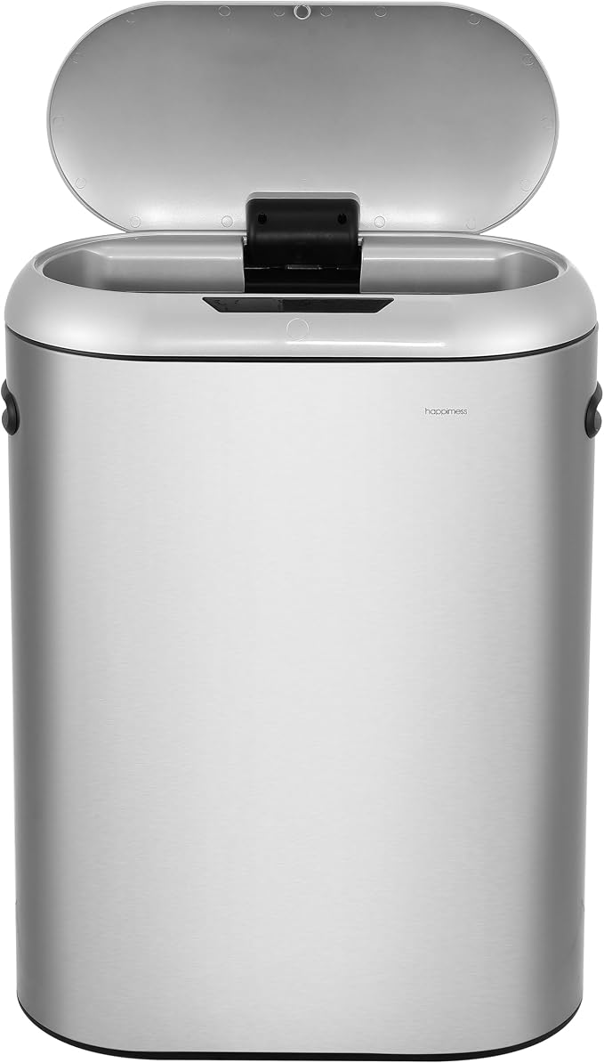 happimess HPM1016A Robo Kitchen 13.2-Gallon Slim Oval Motion Sensor Touchless Trash Can with Touch Mode, Fingerprint Resistant, Modern, Minimalistic for Kitchen, Office, Bathroom, Platinum Silver