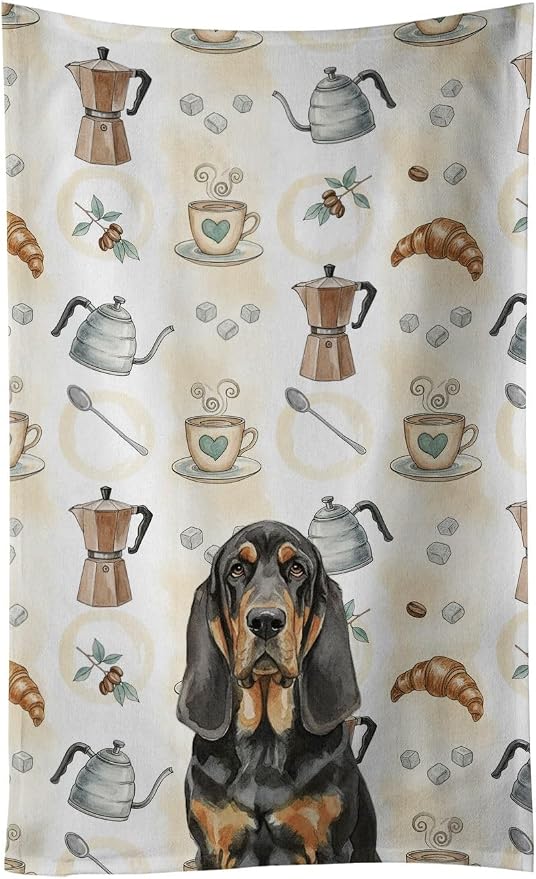 Caroline's Treasures Black and Tan Bloodhound Coffee Bar Kitchen Towel Velour Plush Front and Cotton Loop Back Machine Washable