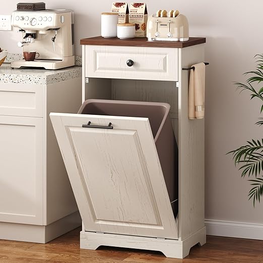 Function Home Trash Can Cabinet, 13 Gallon Tilt Out Trash Cabinet, Wooden Kitchen Garbage Can with Hideaway Drawer, Pet Proof Trash Can Holder for Kitchen Living Room, Antique White with Brown Top