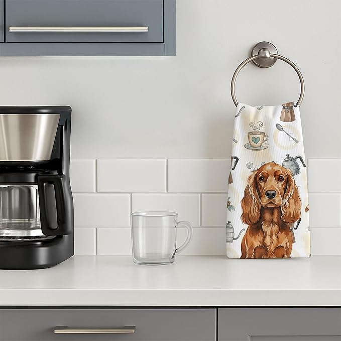 Caroline's Treasures Red English Cocker Spaniel Coffee Bar Kitchen Towel Velour Plush Front and Cotton Loop Back Machine Washable