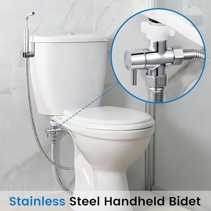 Handheld Toilet Bidet Sprayer for Toilet - Adjustable Flush Angle & Water Pressure for Bathroom Diaper Shower, All Brass Handheld Bidet Sprayer with Superior Complete Spray Hoses Kit (Sliver)