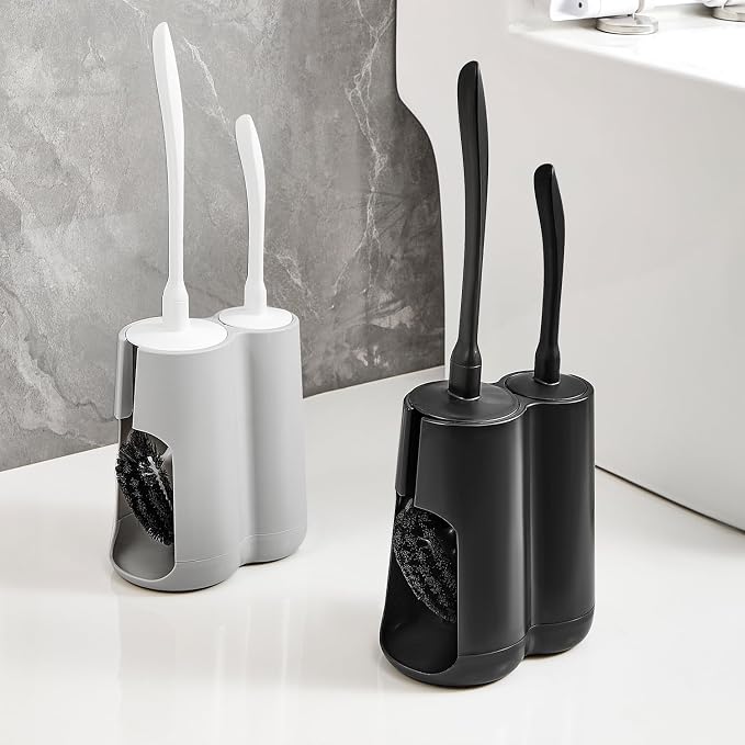 Toilet Brush & Pumice Stone Brush Combo, 2-in-1 Toilet Bowl Brush with Curved Deep Cleaning Brush and Extended Handle, Dual-Slot Holder Set, Compact Size Toilet Cleaner Brush Organizer (Dark Grey)