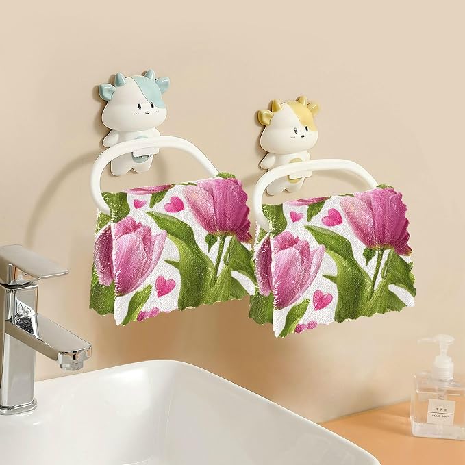 Pink Fresh Tulips and Hearts Kitchen Towels Dish Cloths Set of 6 Microfiber Cleaning Cloths for Cars Super Absorbent Machine