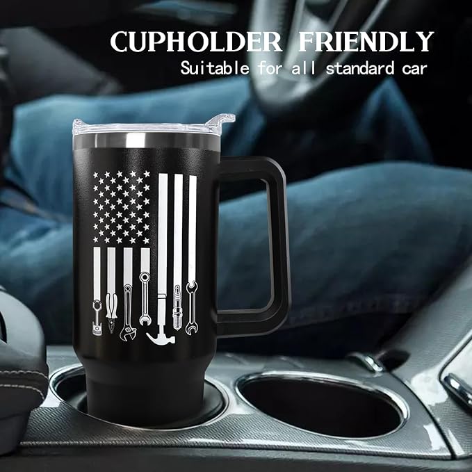 Ceovfoi Mechanic Gifts for Men, 40 oz Mechanic American Flag Stainless Steel Tumbler with Handle Lid and Straw, Mechanic Stuff Supplies Accessories