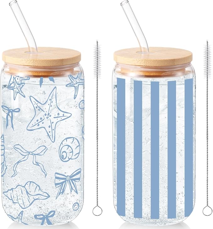 Sliner 2 Pcs Seashell Glass Cups Last Toast on The Coast Bachelorette Gifts Beach Tumbler with Lid Straw Ocean Drinking Glasses 16 oz Blue Iced Coffee Cup for Wedding Bridal Shower Holiday