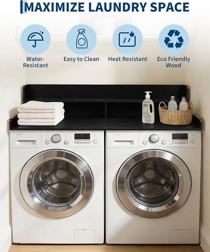 Takywep 2 Tiers Washer Dryer Countertop, 54" x 27.5" Washer Dryer Topper with Edge, Washer and Dryer Laundry Topper with Anti-Slip Pads & Anti-Vibration Mat, Black