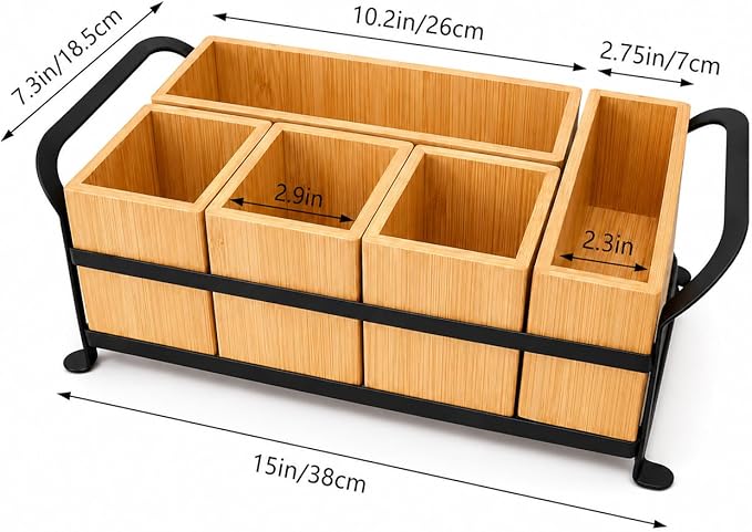 Bamboo Utensil Caddy with Handle - 5 Compartment Silverware Holder for Party & Kitchen Countertop - Removable Wooden Flatware Organizer for Picnic, BBQ, Buffet, RV & Outdoor Dining