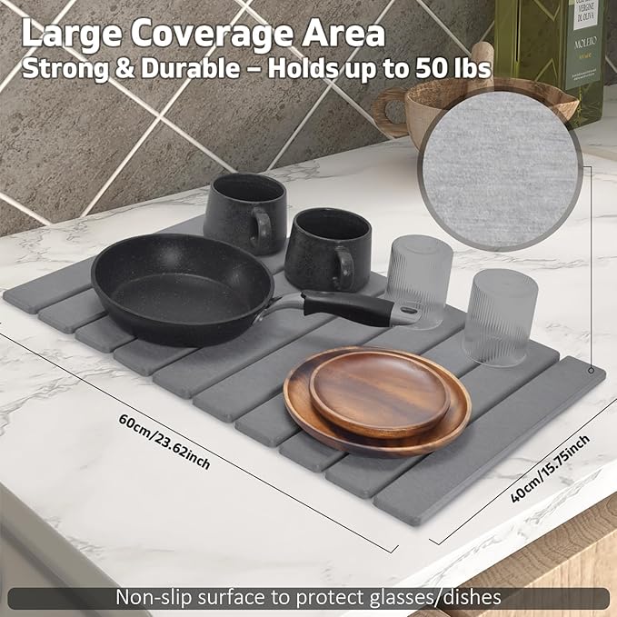 Large Stone Dish Drying Mats for Kitchen Counter, 24"(L)×16"(W) Collapsible Quick Dry Dish Drying Mat, Eco-Friendly Absorbent Diatomaceous Earth Mat for Dishes Bottles Cups, Match Any Countertop