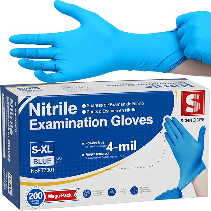 Schneider Nitrile Exam Gloves, Blue, 4 mil, Powder-Free, Latex-Free, for Medical Exam, Cleaning and Food Prep, Non-Sterile