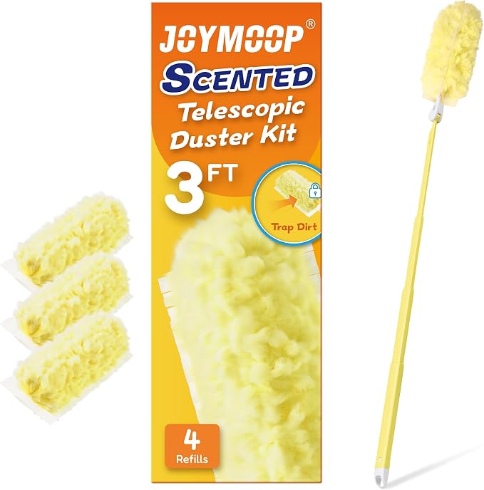 JOYMOOP Scented Telescopic Duster kit, 3FT Extendable Handle (Yellow) + 4 Yellow Refills for Swiffer Feather Duster,Easy Cleaning for Ceilings, Ceiling Fans, Blinds, Vents & Shelves