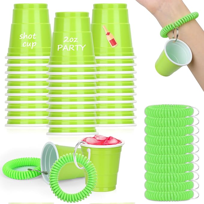 30 Pcs Green Shot Cups with Wristband for Party 2oz Plastic Shot Glasses Bulk Disposable Mini Shot Glasses with Bracelet Wear On Solo Cups for Party Wedding Birthday Baby Shower Graduation