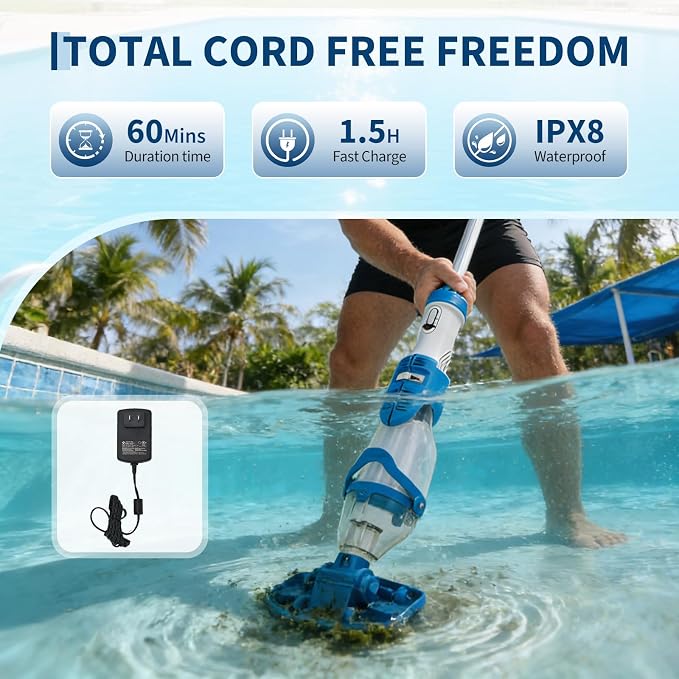 Handheld Pool Vacuum with Telescopic Pole, Updated Swimming Cordless Rechargeable Pool Cleaner 19.8GPM Powerful Suction for Above Ground/Inground Pools, Spa, Hot Tub, Dual-Filter Cleaning System
