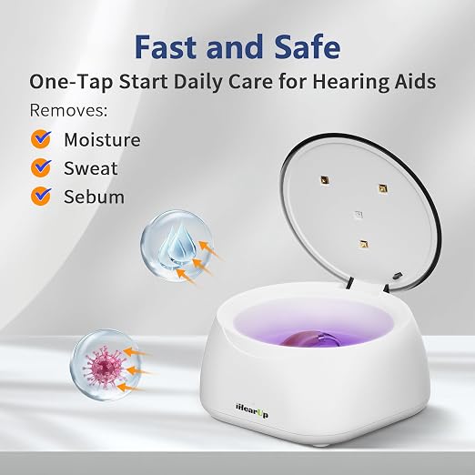 Hearing Aid Dryer Dehumidifier, 15 min. Removes Sweat & Moisture, Rechargeable, Electric Dry Box for Hearing Aids, Earbuds, Ear Amplifiers T80