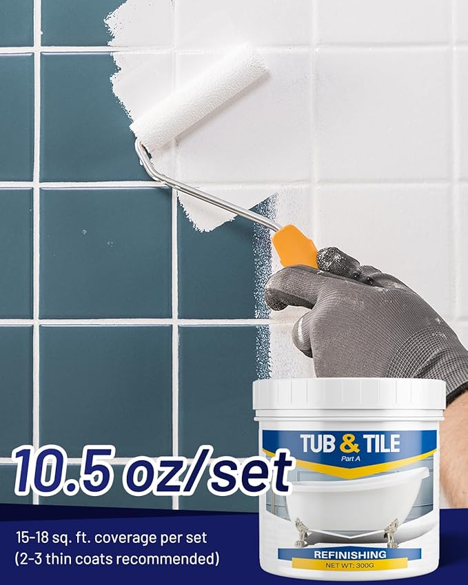 Tile Paint, 10.6oz Tub and Tile Paint Refinishing Kit with Tools and Hardener, Easy to Use for Countertop Bathroom Bathtub Kitchen Sink, Semi-Gloss White, Low Odor，15-18sq.ft