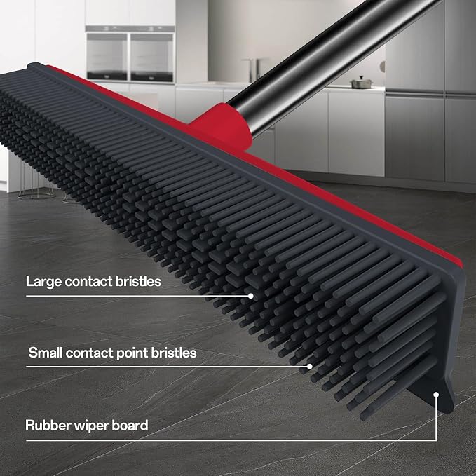 Pet Hair Rubber Broom with Squeegee for Carpet,Fur Remover Broom Carpet Rake for Pet Hair Removal, with 50"（130cm） Long Handle, Dual-Sided for Hardwood Floor, Tile,Portable Detailing Lint Brush-Red