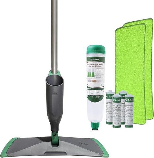 Eyliden Spray Mop with Bio-Enzyme Cleaner, Floor Mop for Hardwood, Tile & All Floors, Breaks Down Grease & Odors Naturally, 360° Swivel, 2 Washable Microfiber Pads, 4x10ml Concentrate Cleaner