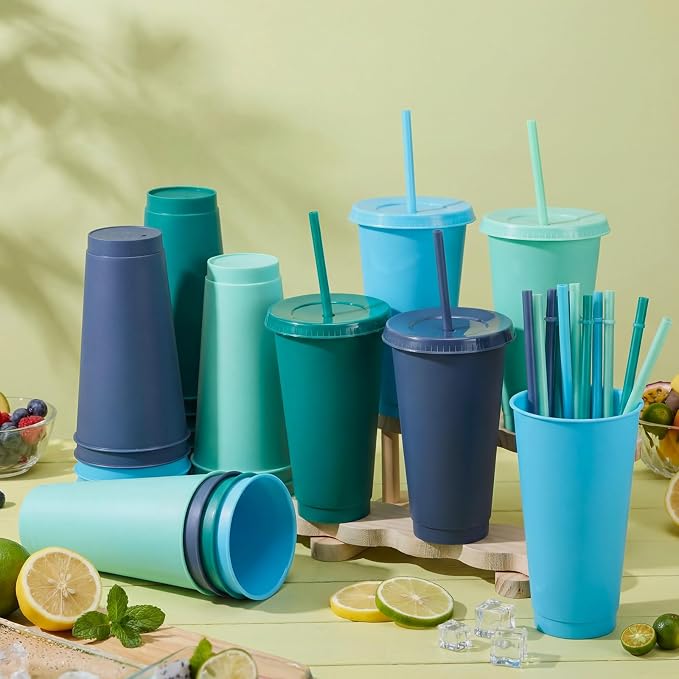 Honeydak 30 Pack Tumbler with Straw and Lid Bulk Cups for Gifts Water Bottle Iced Coffee Travel Mug Cup Reusable Plastic Tumblers for Party Birthdays 24-27 oz (Modern Color)