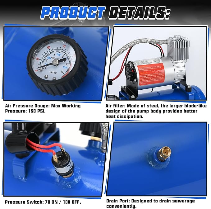PTNHZ DC 12V MAX 150PSI Air Compressor Tank Pump w/6 Liter 1.6 Gallon Tank For Train Truck Boat Pickup Motorhome Portable Air Compressor Pump