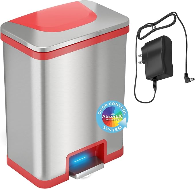 Halo TapCan 13 Gallon Effortless One-Tap Pedal Sensor Trash Can with Odor Filter and AC Adapter-Stainless Steel with Red Trim, Kitchen and Office Garbage Bin (TC13SRAC)