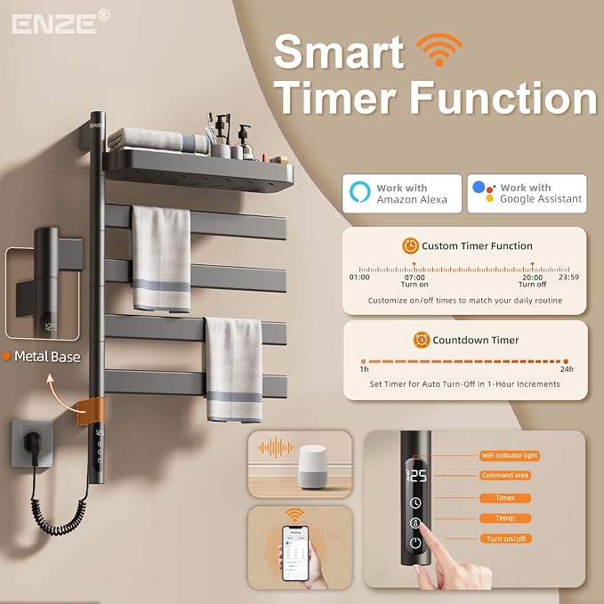 ENZE Smart Rotating Heated Towel Rack for Bathroom, 4-Bar Wall-Mounted Electric Towel Warmer with Swivel Shelf, Wi-Fi App Control, 24H Timer, Stainless Steel, IPX5, Hardwired/Plug-in, Gray
