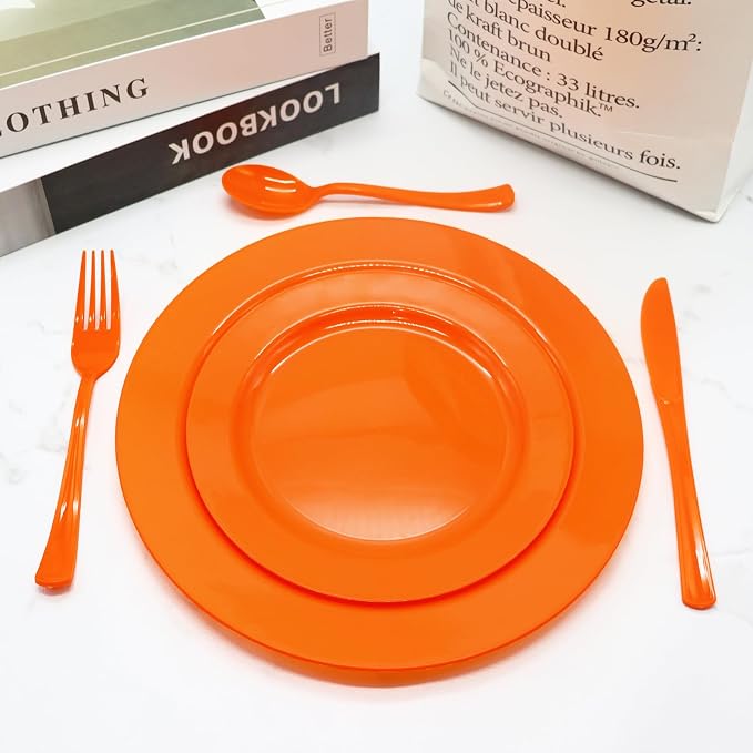 150 Pack Orange Plastic Silverware, Orange Plastic Cutlery Disposable Includes 50 Forks, 50 Spoons, 50 Knives for Birthday, Party, Holiday