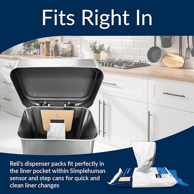 Reli. SuperFit Code Q (120 Count) | Compatible with Simplehuman Code Q | Dispenser Pack Custom Fit Liners | Drawstring Trash Bags | 50-65 Liter / 13-17 Gallon | White