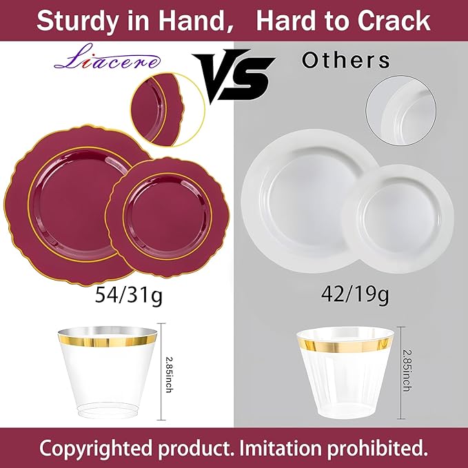Liacere 350PCS Red Plastic Plates-Disposable Burgundy Red and Gold Plates 50guest Baroque Plastic Dinnerware include 100Plates, 50Pack Pre Rolled Napkins with Silverware 50Cups for Party & Wedding