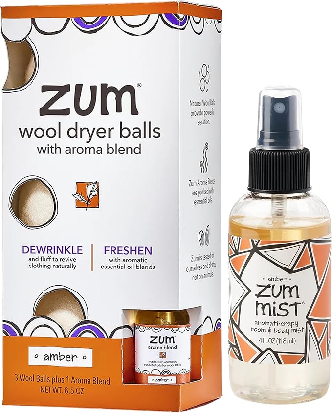 Zum Wool Dryer Balls Kit Plus Zum Mist - 3 Wool Balls with Essential Oil Blend & Room & Body Mist - Amber